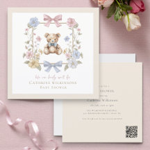Elegant Floral Teddy pastel baby shower QR code