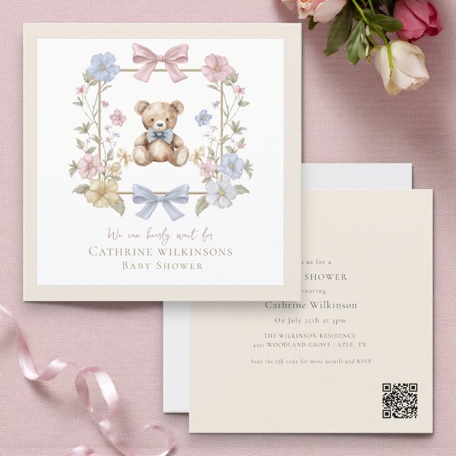 Elegant Floral Teddy  pastel  baby shower QR code Invitation (Creator Uploaded)