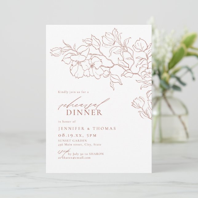 Elegant floral terracotta rehearsal dinner invitation (Standing Front)