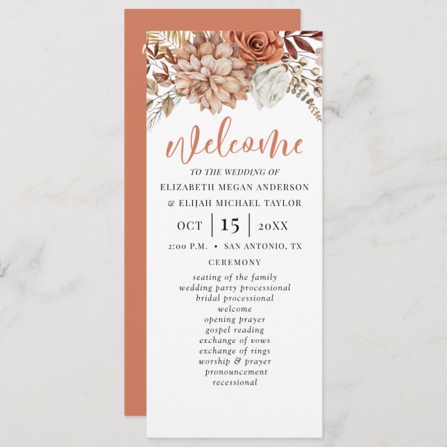 Elegant Floral Terracotta Wedding Program Invitation (Front/Back)