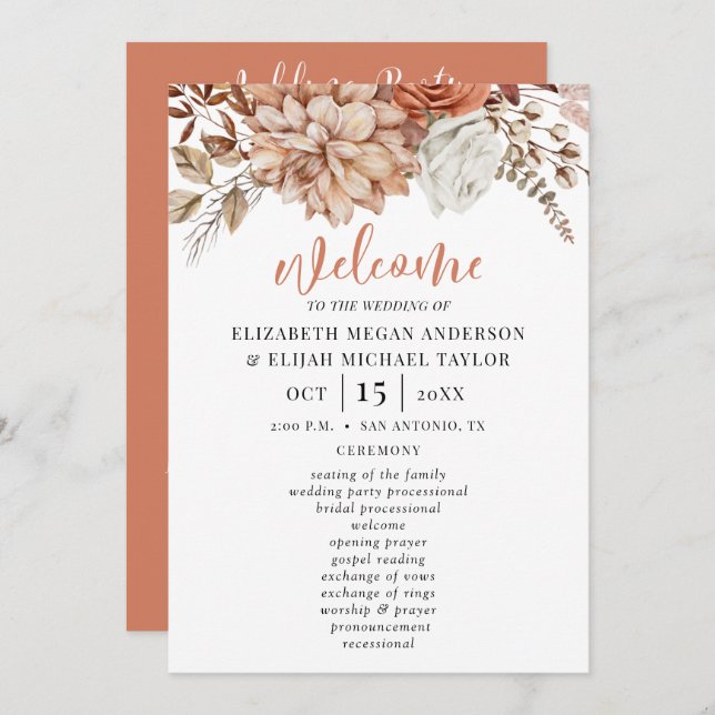 Elegant Floral Terracotta Wedding Program Invitation (Front/Back)
