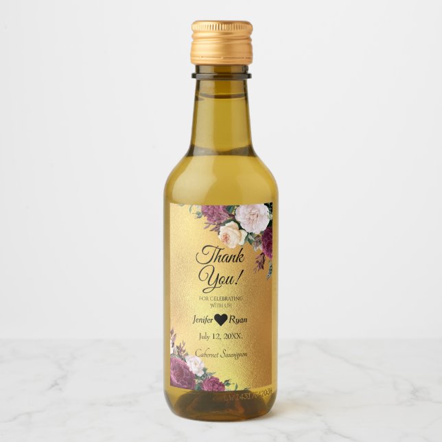 Elegant floral Thank you Mini Wine Bottle Label (Front)