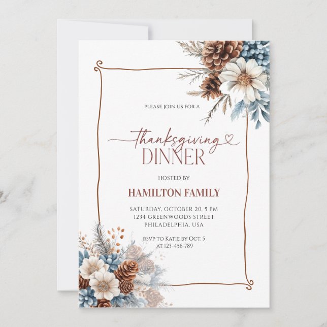 Elegant Floral Thanksgiving Dinner party Invitation (Front)