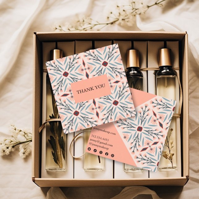 Elegant Floral Tiles Geometric Order Thank You  Square Business Card (Pretty pink pattern thank you business cards with social media icons)