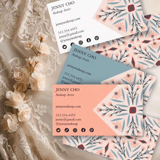 Elegant Floral Tiles Geometric Pink Beauty Business Card (Handmade pretty elegant pattern on these custom business cards with social media icons)