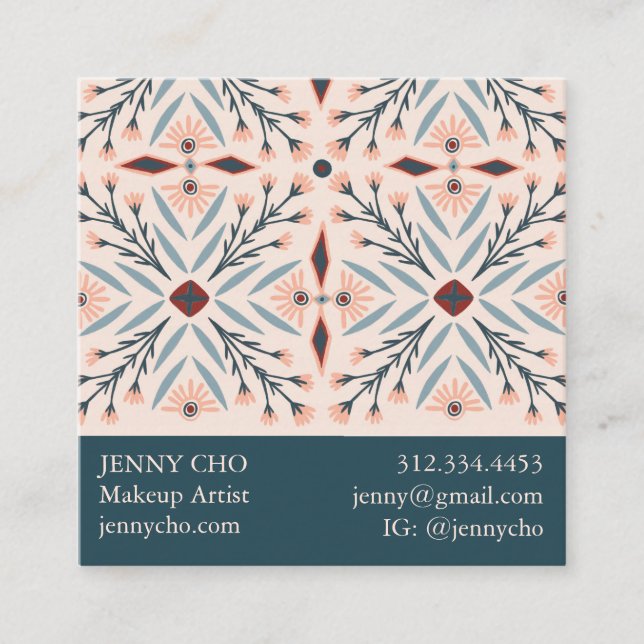 Elegant Floral Tiles Geometric Pink Blue Square Business Card (Front)