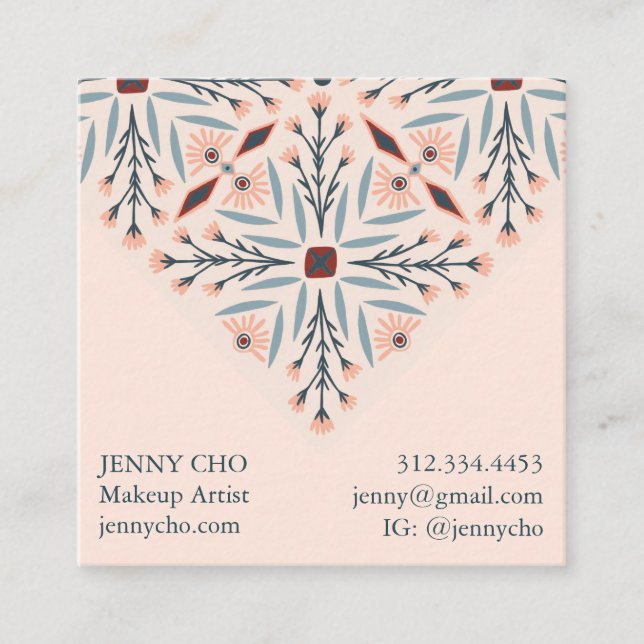 Elegant Floral Tiles Geometric Pink Square Business Card (Front)