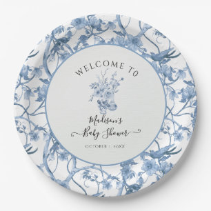 Elegant Floral Toile Blue and White Baby Shower Paper Plate