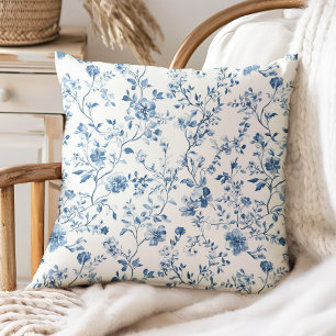 Elegant Floral Toile Blue White Vintage Style Cushion