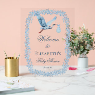 Elegant Floral Toile Frame Blue Stork Baby Shower Acrylic Sign
