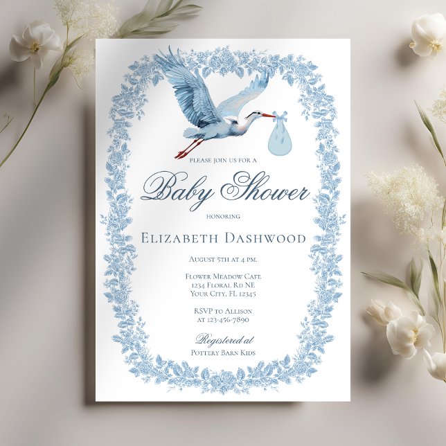 Elegant Floral Toile Frame Blue Stork Baby Shower Invitation (Creator Uploaded)