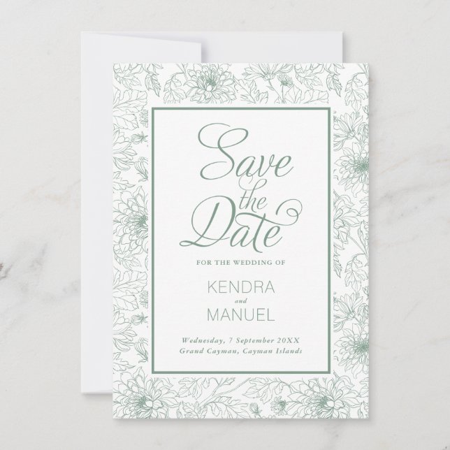 Elegant Floral Toile Sage Green Wedding Save The Date (Front)