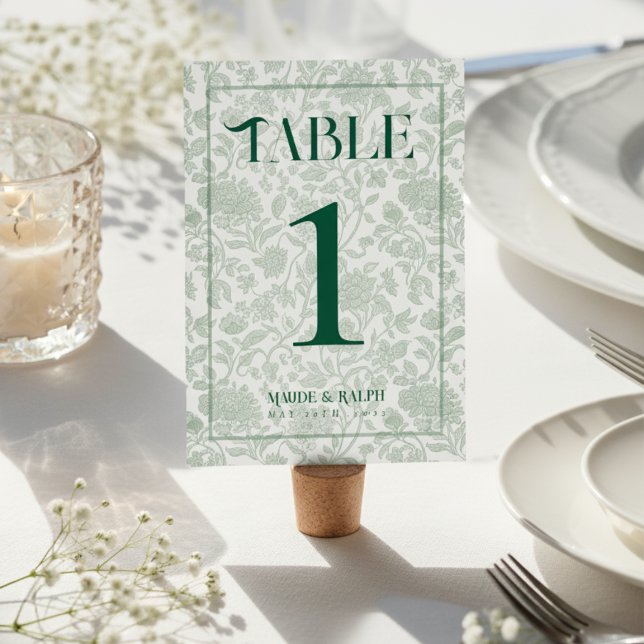 Elegant Floral Toile Script Green Wedding  Table Number (Guide guests to their seats using these Elegant Floral Toile Script Green Wedding Table Number! )