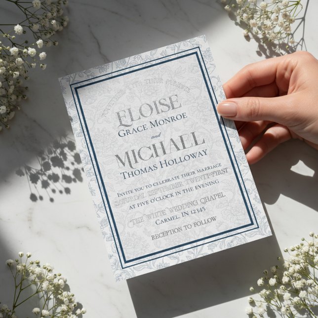 Elegant Floral Toile Script Monogram Blue Wedding (Formally invite guests to your big day with this Elegant Floral Toile Script Monogram Blue Invite!)