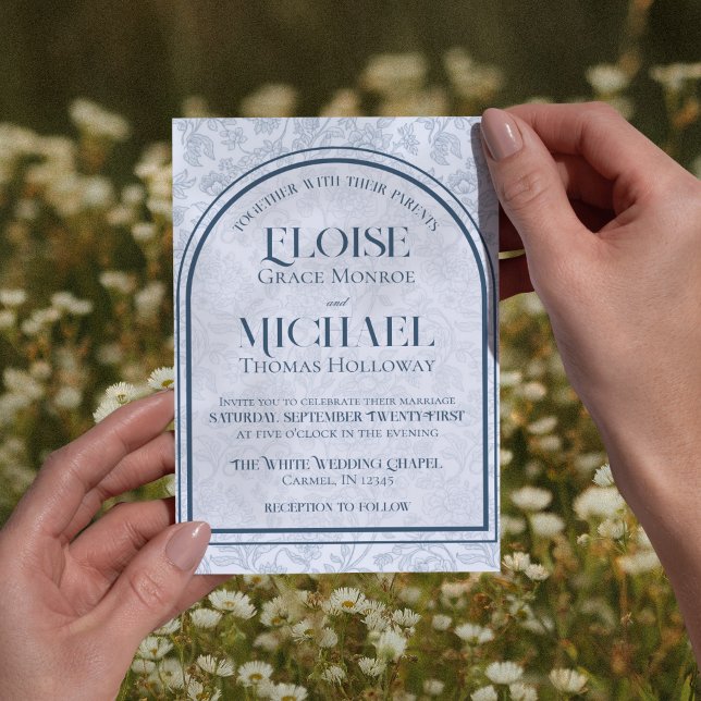 Elegant Floral Toile Script Monogram Blue Wedding Invitation (Formally invite guests to your big day with this Elegant Floral Toile Script Blue Wedding Invite!)