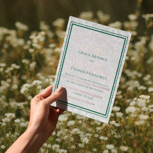 Elegant Floral Toile Script Monogram Green Wedding