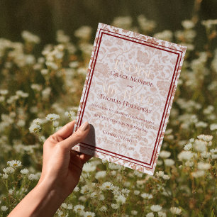Elegant Floral Toile Script Monogram Red Wedding