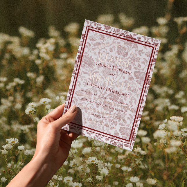 Elegant Floral Toile Script Monogram Red Wedding (*AI Generated Mockup )