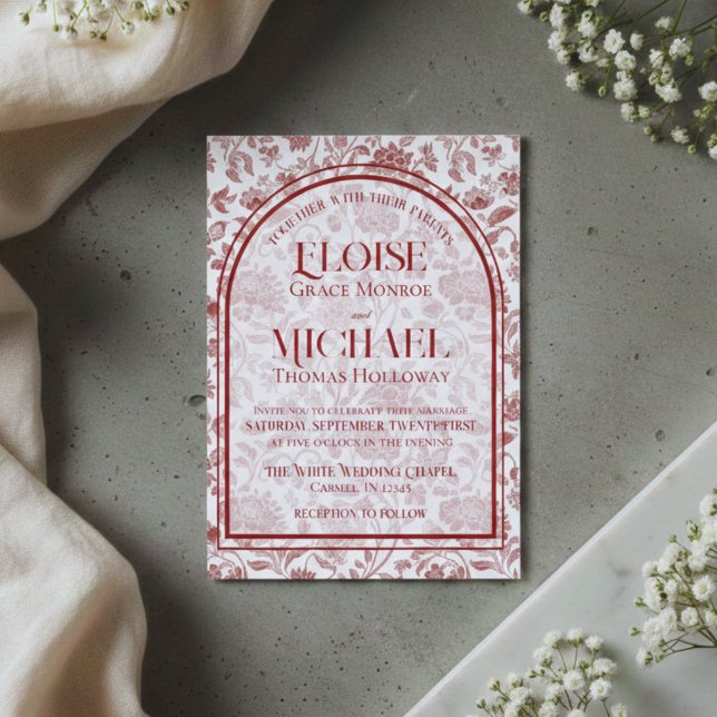 Elegant Floral Toile Script Monogram Red Wedding Invitation (Elegant Floral Toile Script Monogram Red Wedding Invitation)