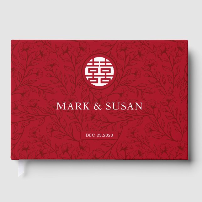 Elegant Floral Traditional Chinese Wedding (RED) Guest Book (Front)