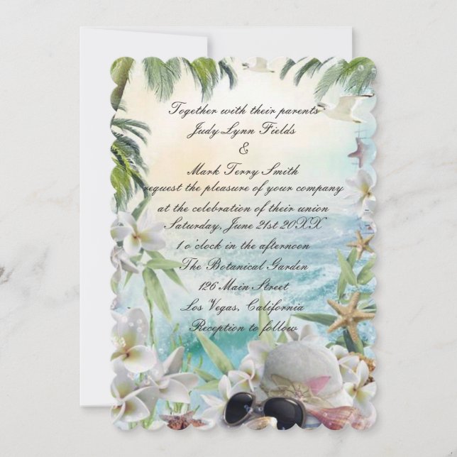 Elegant Floral Tropical Beach Wedding Invitation (Front)