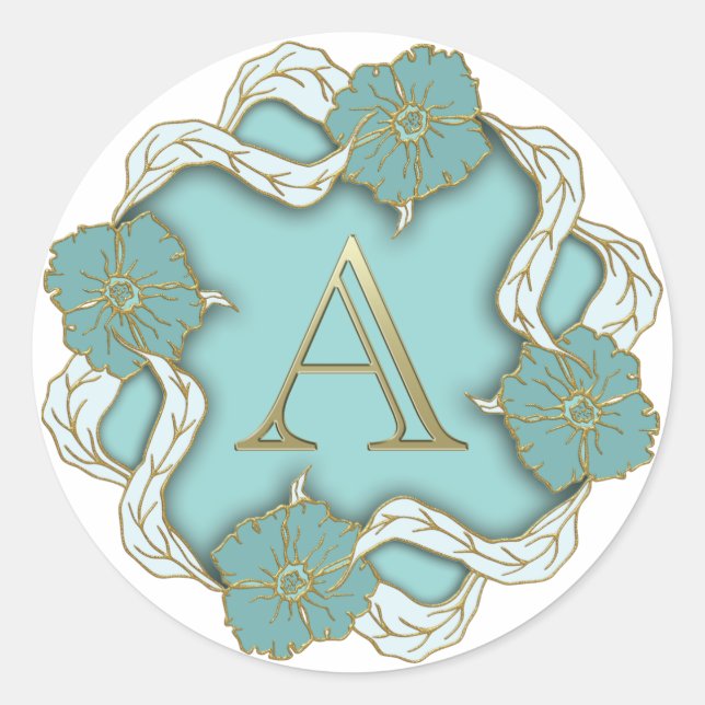 Elegant Floral Turquoise gold monogram letter A Classic Round Sticker (Front)