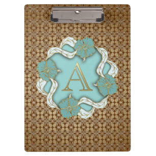 Elegant Floral Turquoise gold monogram letter A Clipboard
