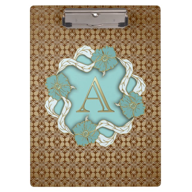 Elegant Floral Turquoise gold monogram letter A Clipboard (Front)