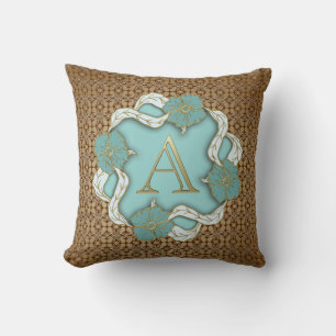 Elegant Floral Turquoise gold monogram letter A Cushion