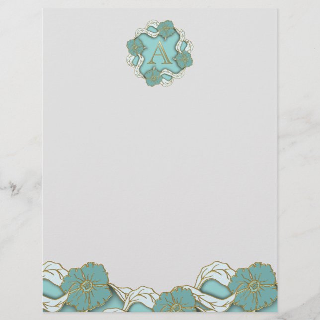 Elegant Floral Turquoise gold monogram letter A Custom Letterhead (Front)