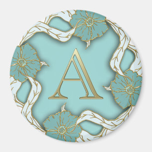 Elegant Floral Turquoise gold monogram letter A Magnet