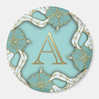 Elegant Floral Turquoise gold monogram letter A Magnet