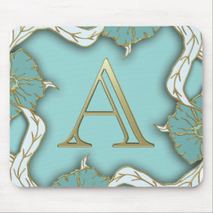 Elegant Floral Turquoise gold monogram letter A Mouse Mat