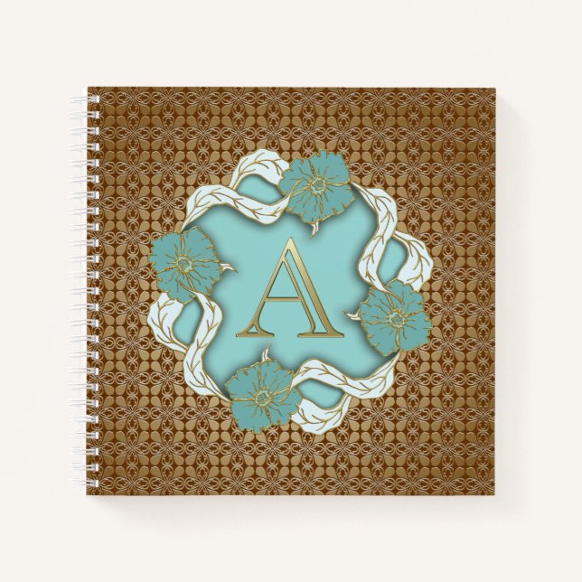 Elegant Floral Turquoise gold monogram letter A Notebook (Front)