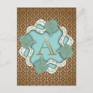 Elegant Floral Turquoise gold monogram letter A Postcard