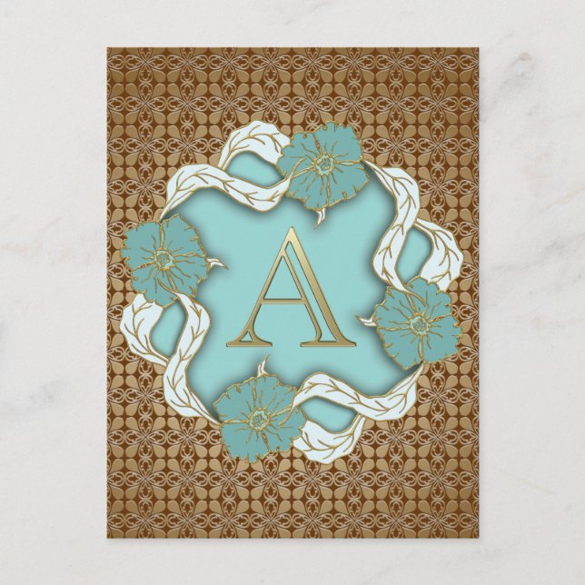 Elegant Floral Turquoise gold monogram letter A Postcard (Front)
