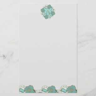 Elegant Floral Turquoise gold monogram letter A Stationery