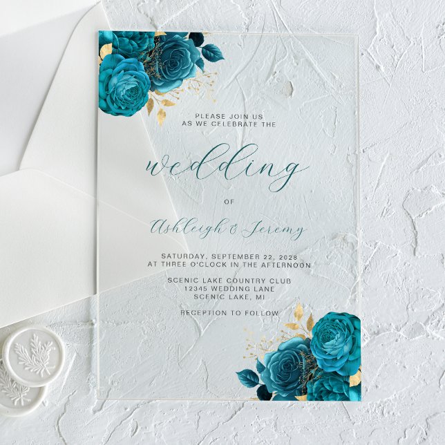 Elegant Floral Turquoise Gold Script Wedding Acrylic Invitations (Creator Uploaded)
