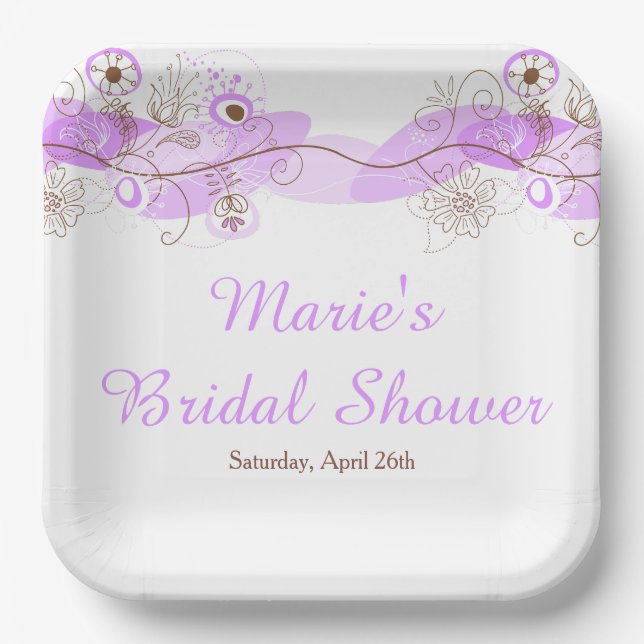 Elegant Floral Twist Bridal Shower in Purple Paper Plate (Front)