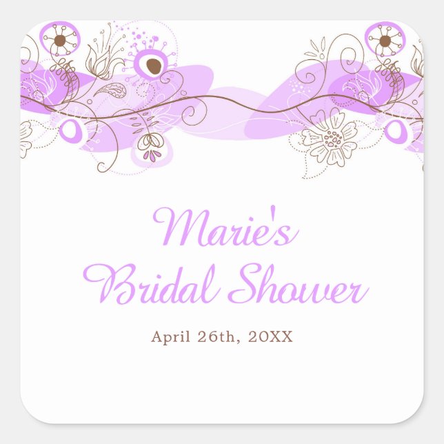 Elegant Floral Twist Bridal Shower in Purple Square Sticker (Front)