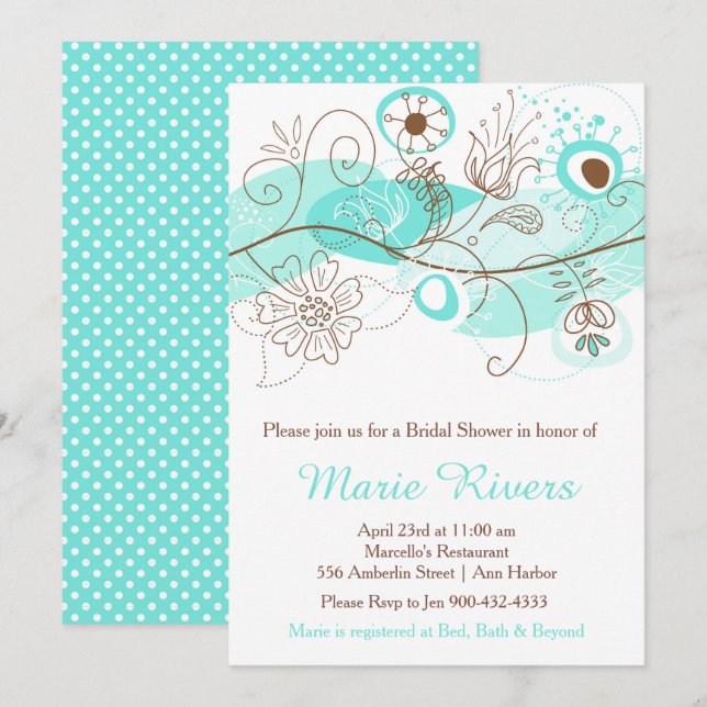 Elegant Floral Twist Bridal Shower in Turquoise Invitation (Front/Back)