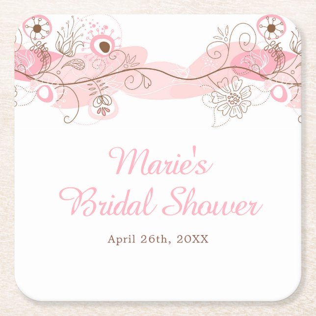 Elegant Floral Twist Bridal Shower in Turquoise Square Paper Coaster (Front)