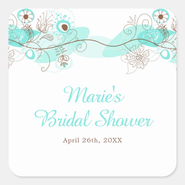 Elegant Floral Twist Bridal Shower in Turquoise Square Sticker (Front)