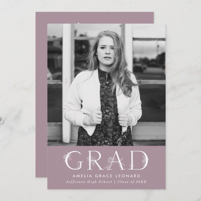 Elegant Floral Type Mauve Photo Graduation Party Invitation (Front/Back)