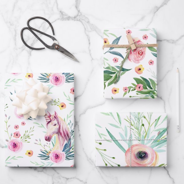 Elegant Floral Unicorn Wrapping Paper Sheet (Front)