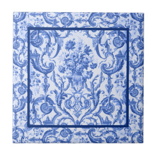 Elegant floral vase Blue toile de jouy monogram Tile