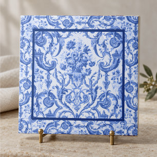 Elegant floral vase Blue toile de jouy monogram Tile