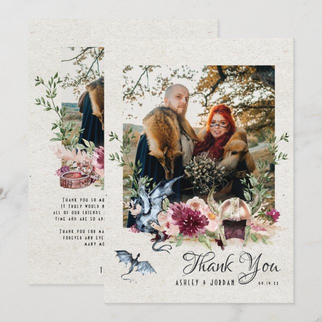 Elegant Floral Viking Wedding Photo Thank You (Front/Back)