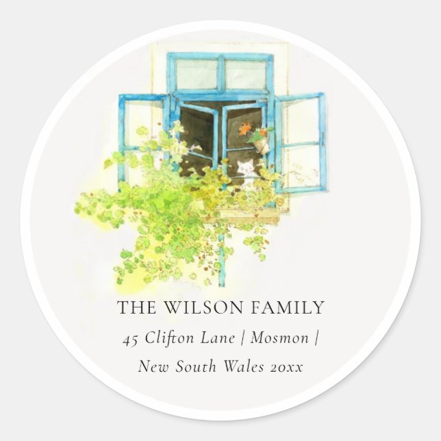 Elegant Floral Vine Window We have Moved Address Classic Round Sticker (Front)