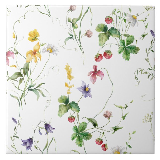Elegant Floral Vines Strawvberry Design Tile (Front)